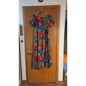 VTG 90s Hilo Hattie Hawaiian Muumuu Dress- Black Floral Maxi Dress- Large